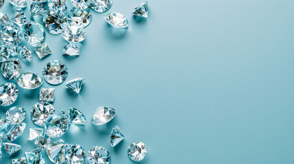 Beautiful luxury diamonds scattered on a blue background