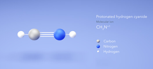 protonated hydrogen cyanide molecule, molecular structures, molecular ion, 3d model, Structural Chemical Formula and Atoms with Color Coding
