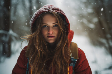 Fototapeta na wymiar Generative AI photo of cute adorable young woman walking in a snowy street park or forest