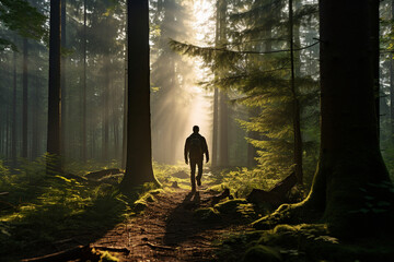 A shot of a young hiker exploring the pine forest in the morning made with generative AI