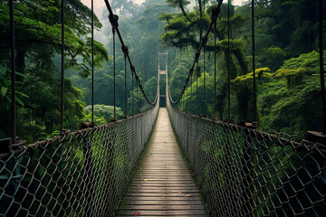 A long suspension bridge made of wooden planks extending through a dense forest made with generative AI - obrazy, fototapety, plakaty