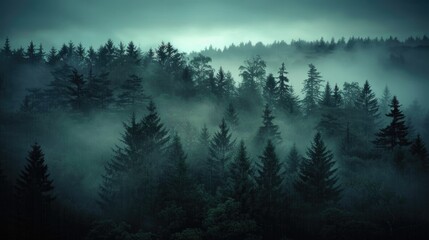 Retro-Styled Enigma: Moody Fir Forest Shrouded in Mist, Trees Emerging as Phantoms - obrazy, fototapety, plakaty