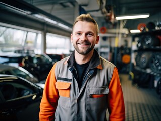 A professional and friendly car mechanic smiling and holding a wrench in a modern and clean service center. The mechanic is wearing a uniform and standing in front of a car.