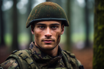 Fototapeta premium AI generated portrait of confident fully equipped and armed soldier fighting against aggression on battle field