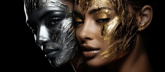 Mesmerizing Beauty: Woman Transformed with Gold and Silver Face Paint against Dark Background