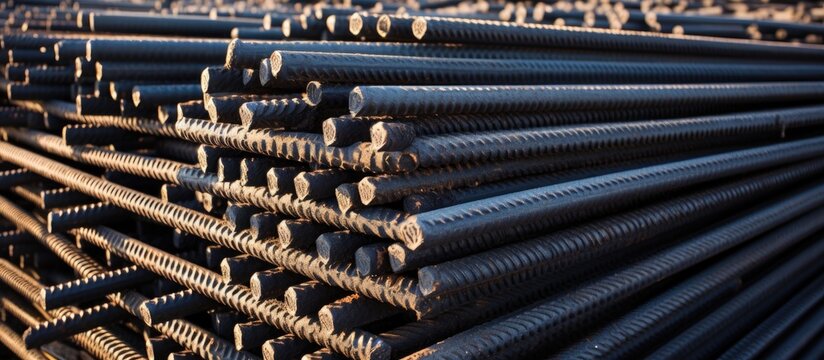 Stacked Rebars Ready for Building Construction - Industrial Steel Bar Material Supply