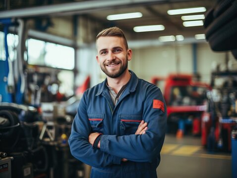 A professional and friendly car mechanic smiling and holding a wrench in a modern and clean service center. The mechanic is wearing a uniform and standing in front of a car.