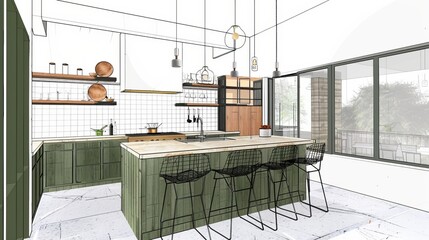 Minimalist green kitchen, minimalist design elements, natural textures, and pops of green create a sophisticated and inviting space for culinary adventures and everyday living