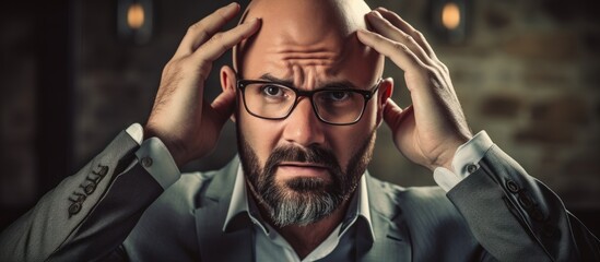 Mistake Remember: Surprised Bald Man with Beard Holding Head in Business Setting