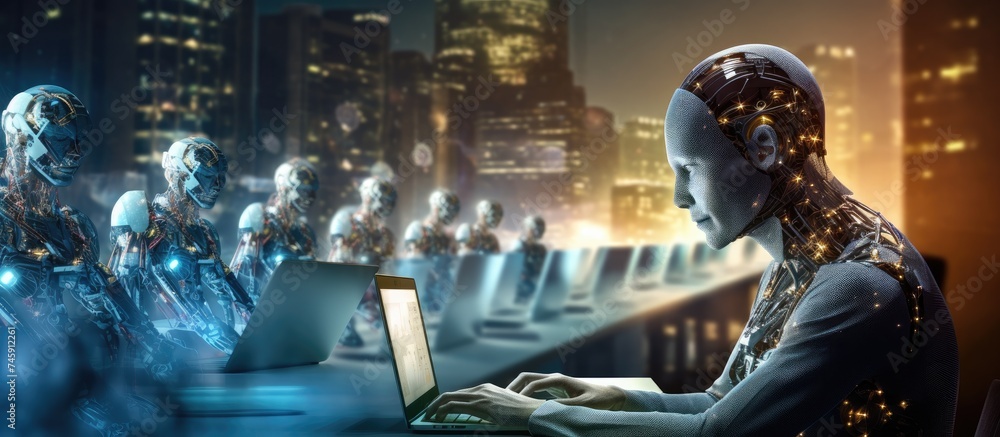 Poster innovative woman utilizing advanced technology in urban setting for efficient work
