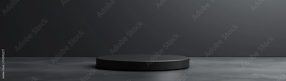 Poster a 3d rendering of a monochrome gray background featuring a black pedestal or podium mockup--an empty