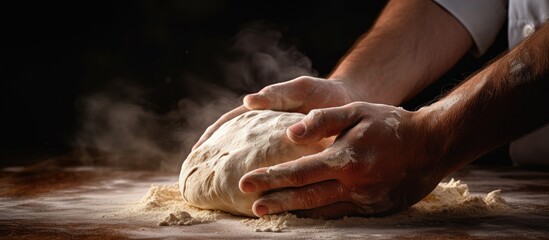 Creating Delicious Homemade Bread: Skilled Hands Kneading Dough on Wooden Table - obrazy, fototapety, plakaty