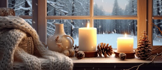 Cozy Winter Evening: Knitting by Candlelight in a Room with a View of Snowy Pine Trees
