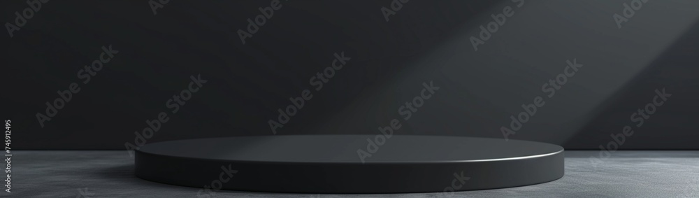 Poster a 3d rendering of a monochrome gray background featuring a black pedestal or podium mockup--an empty