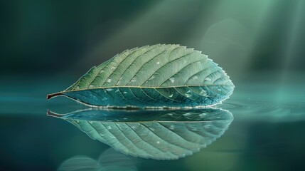 Obraz premium Serene Beauty in Nature: Delicate Leaf Illuminated on Reflective Turquoise Waters