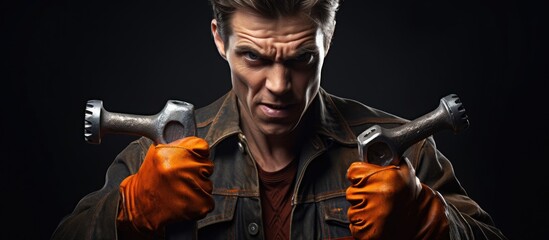 Fierce Young Mechanic with Aggressive Stance Showing Fist and Wearing Gloves