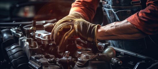 Skilled Mechanic Engages in Precision Work to Repair Car Engine with Various Tools - obrazy, fototapety, plakaty