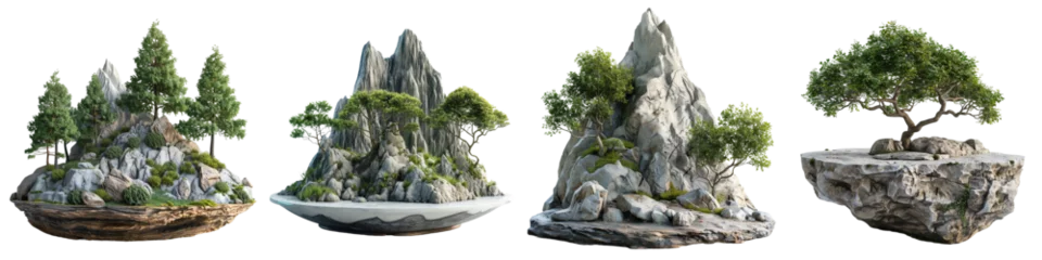 Schilderijen op glas Detailed miniature landscapes featuring realistic bonsai trees, rocky terrains, and lush greenery, presented with a transparent backdrop. © Maestro