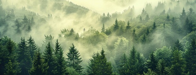 Ancient Sentinels: A Misty Forest of Towering Firs, Wrapped in Serenity and Soft Light