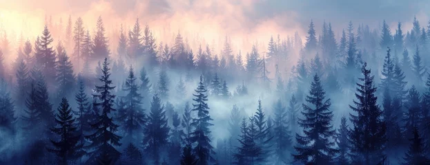 Foto op Plexiglas Forest Mystique: Gentle Fog Envelops Towering Fir Trees, Creating a Tranquil, Enchanted Landscape © Landscape Planet