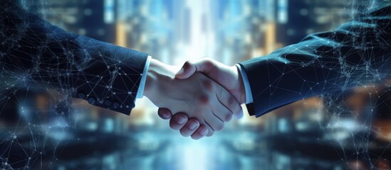 Two Hands United in Partnership and Agreement Over Urban City Landscape