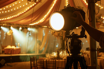 Fototapeta premium person adjusting spotlight on the stage in a banquet tent