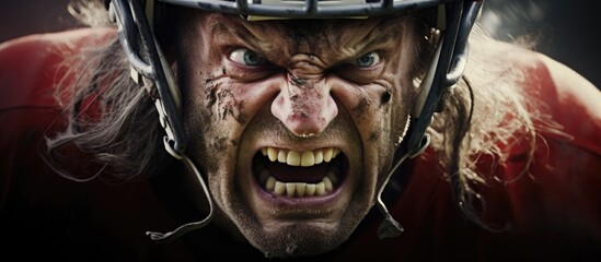 Aggressive football player with bloody face focusing on the game - obrazy, fototapety, plakaty