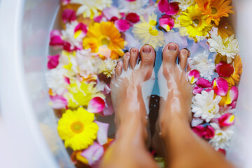 feet soaking in foot spa with flower petals