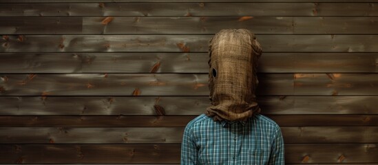 Mysterious Man Conceals Head with Cloth Against Wooden Wall, Posing Enigmatically