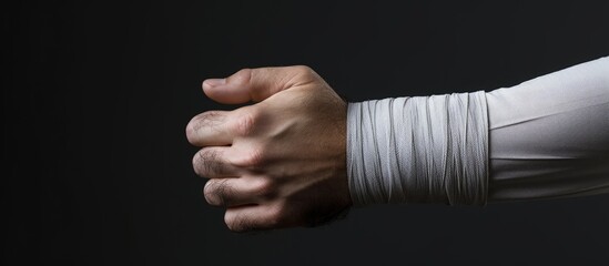 Serious Bearded Man with Wrist Bandage on Gray Background - Concepts of Health and Injury