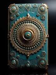 A blue case adorned with a gold circular design, showcasing a striking color combination and intricate pattern