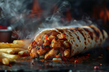 Fresh grilled chicken tortilla wrap roll on fire dark background with smoke and french fries. Delicious and tasty food commercial banner with copy space.