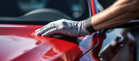 Skilled Technician Detailing Shiny Red Car with Precision and Expertise