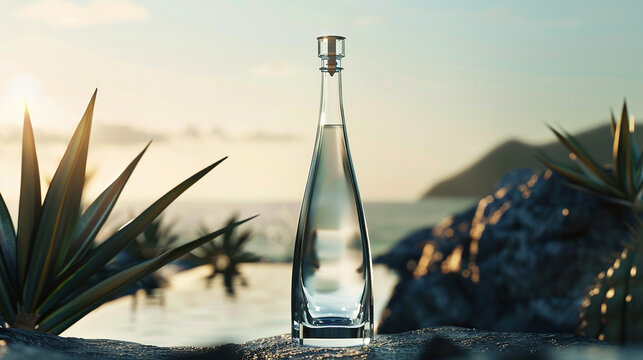 The refined elegance of a tequila bottle adorned with a minimalist label, the transparent glass allowing the vibrant blue agave spirit to shine through, evoking visions of sun-drenched landscapes.