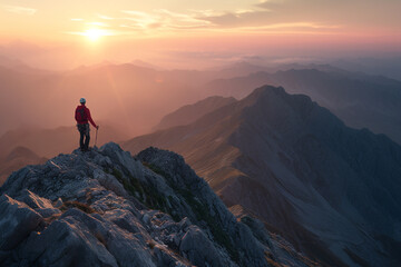 Person is on the peak of mountain with beautiful landscape during sunset time. challenge for...