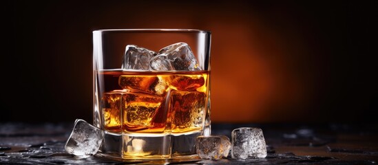 Elegant Whiskey Glass on Wooden Table with Fresh Ice Cubes - Classic Distilled Spirit Beverage