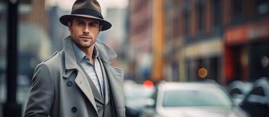 Stylish Urban Man in Trench Coat and Hat Pauses on City Street in Filtered Light