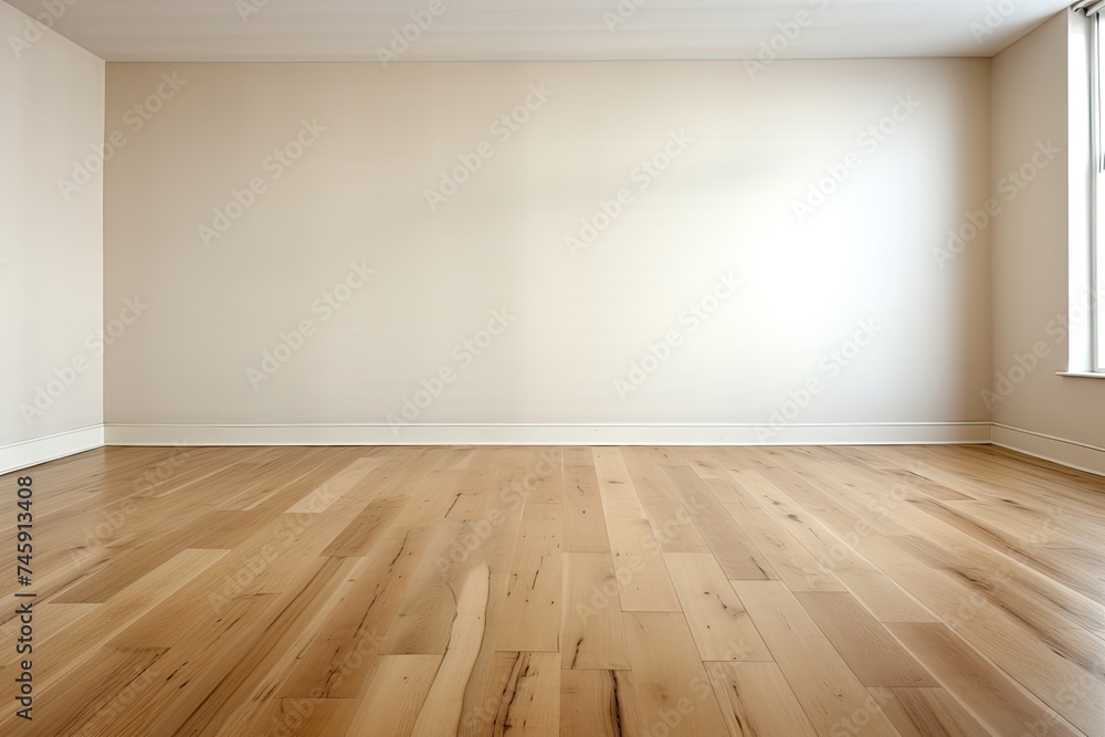 Sticker interior new house, empty room with white wall and wooden floor