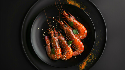 Beautiful shrimp dish on a black plate top.