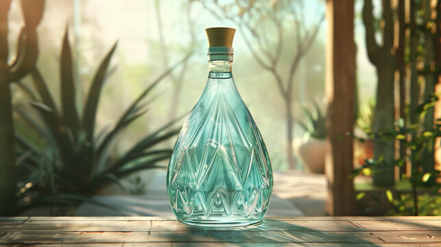 The refined elegance of a tequila bottle adorned with a minimalist label, the transparent glass allowing the vibrant blue agave spirit to shine through, evoking visions of sun-drenched landscapes.