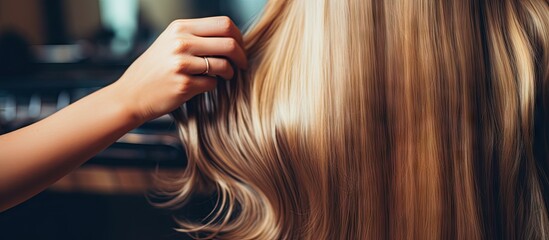 Fototapeta premium Young Woman Having Hair Extensions Procedure in Beauty Salon with Hairdresser