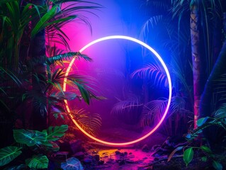 Fototapeta na wymiar neon circle light in the tropical forest. 