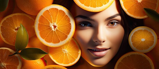 Radiant Young Woman Surrounded by Fresh Oranges, Embracing Healthy Lifestyle and Beauty