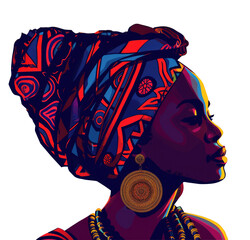 Illustration of an African American woman profile with a traditional headwrap, bright colors