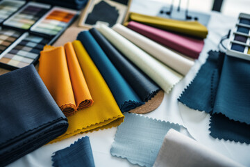 palette of fabric colors on a designers desk - obrazy, fototapety, plakaty