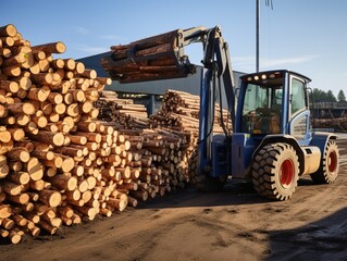A worker in a safety helmet operating a loader at a modern wood processing factory, using the machinery to load freshly cut logs onto the production line for further processing and manufacturing.