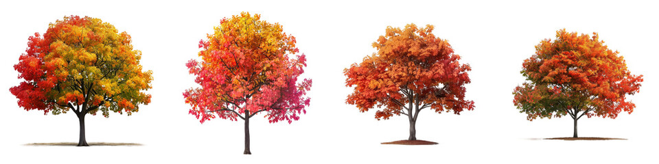 A quartet of trees in full autumnal hues, isolated on a transparent background