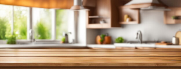 Wooden Countertop with Blurred Kitchen Window