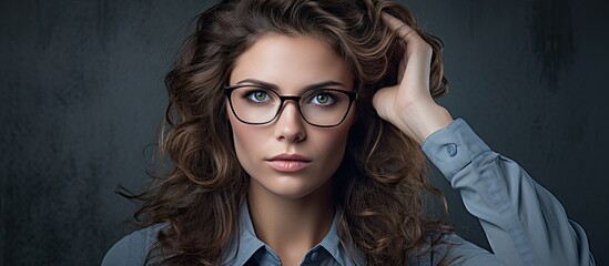 Confident Woman Adjusting Glasses on Gray Background - Professional Eye Care Concept