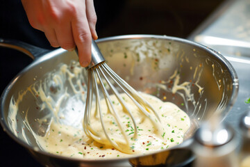chef whisking a creamy sauce in a shiny metal bowl - obrazy, fototapety, plakaty